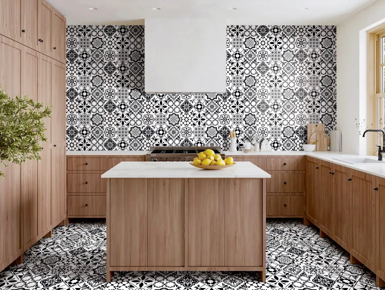 Grey Kitchen Design with moroccan white and black tiles